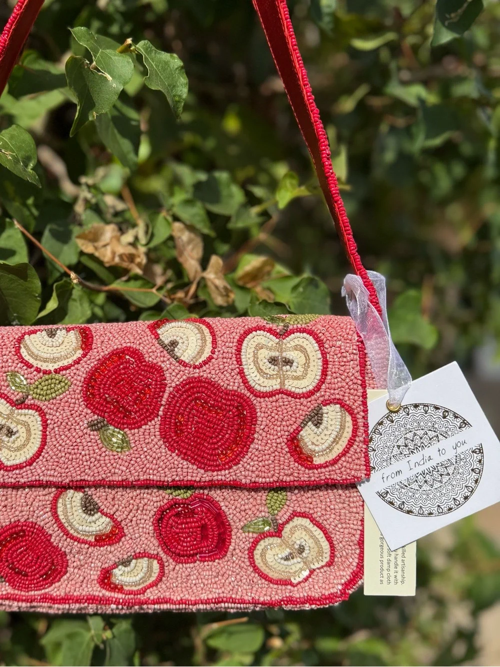 NWT Made in India Apple Apples Pink Red Beaded Shoulder Beaded Bag